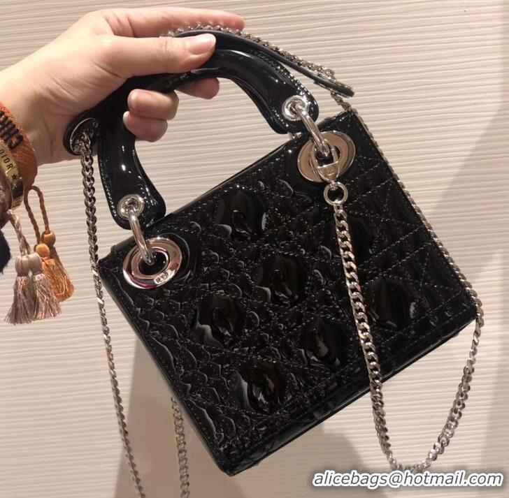 Discount Lady Dior Mini Bag in Cannage with Chain Patent 510041 Black/Silver