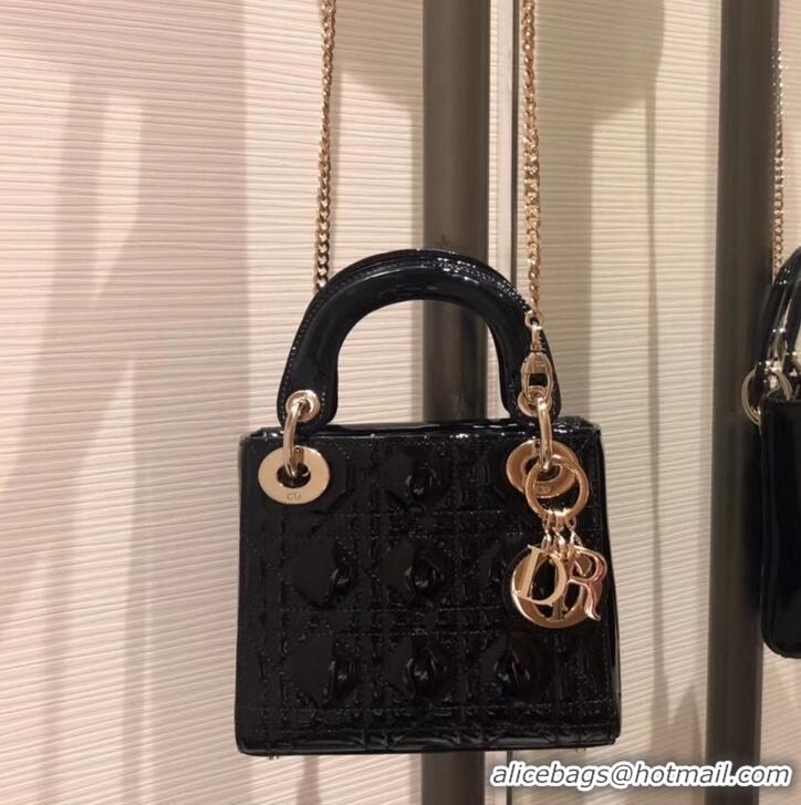 Good Quality Lady Dior Mini Bag in Cannage with Chain Patent 510041 Black/Gold