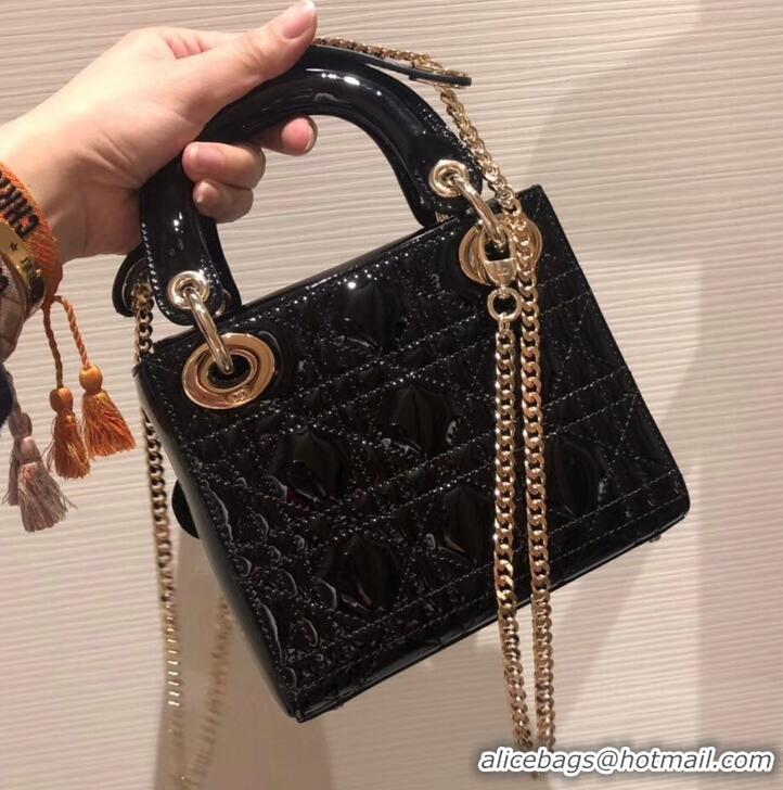 Good Quality Lady Dior Mini Bag in Cannage with Chain Patent 510041 Black/Gold