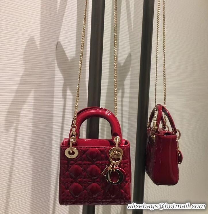 Classic Lady Dior Mini Bag in Cannage with Chain Patent 510041 Red