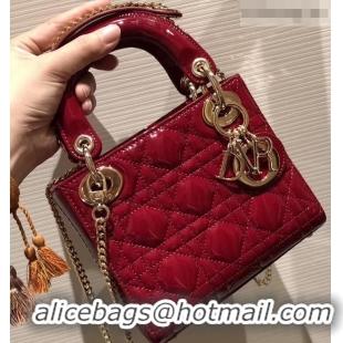 Good Quality Lady Dior Mini Bag in Cannage with Chain Patent 510041 Dark Red