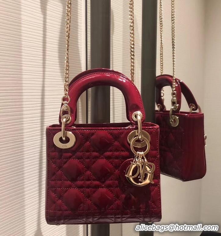 Good Quality Lady Dior Mini Bag in Cannage with Chain Patent 510041 Dark Red