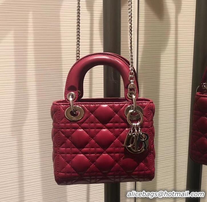 Fashion Lady Dior Mini Bag in Cannage with Chain 510042 Dark Red/Silver