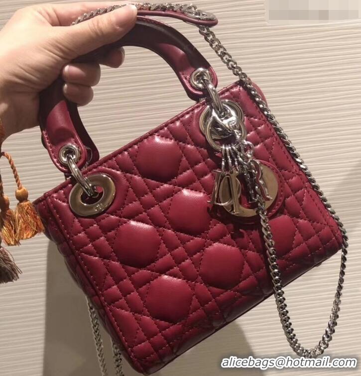 Fashion Lady Dior Mini Bag in Cannage with Chain 510042 Dark Red/Silver