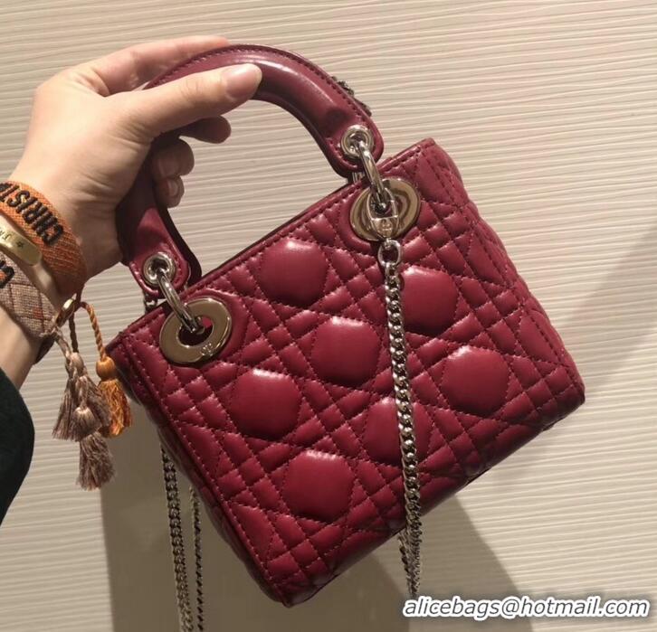 Fashion Lady Dior Mini Bag in Cannage with Chain 510042 Dark Red/Silver