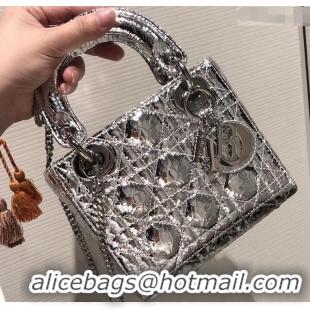 Best Price Lady Dior Mini Bag in Cannage with Chain 510042 Crinkled Silver