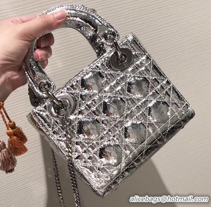 Best Price Lady Dior Mini Bag in Cannage with Chain 510042 Crinkled Silver