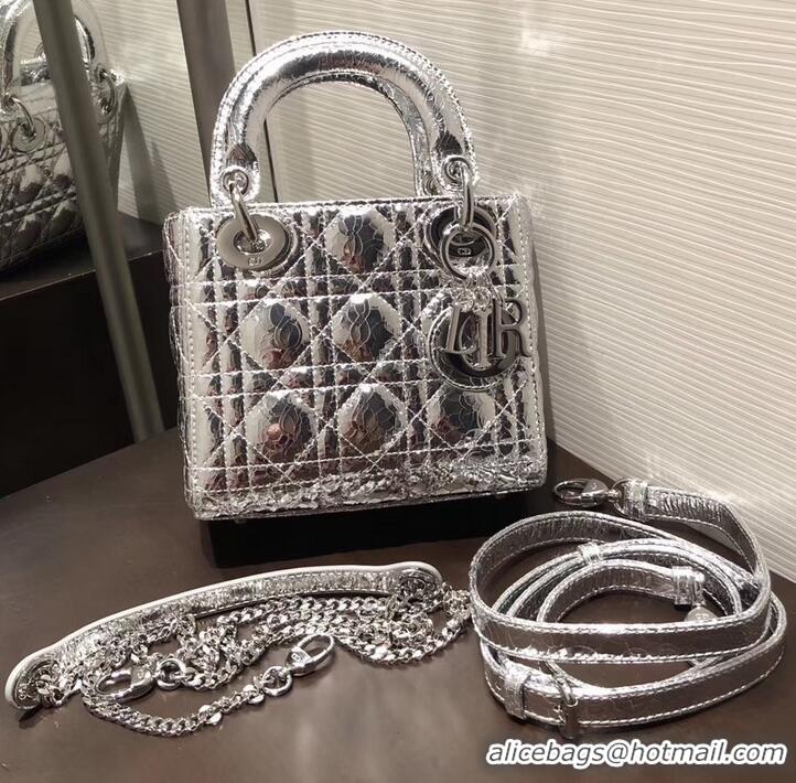 Best Price Lady Dior Mini Bag in Cannage with Chain 510042 Crinkled Silver