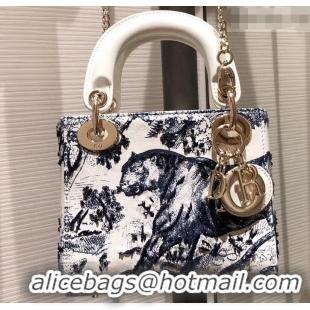 Grade Quality Lady Dior Mini Bag in Cannage with Chain Toile de Jouy motif Embroidered 510046 White/Blue 2019