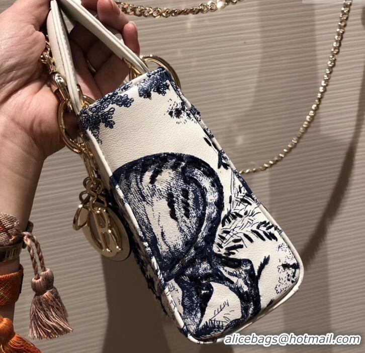 Grade Quality Lady Dior Mini Bag in Cannage with Chain Toile de Jouy motif Embroidered 510046 White/Blue 2019