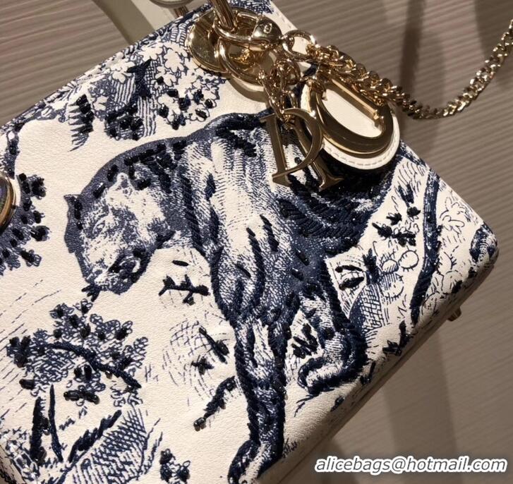 Grade Quality Lady Dior Mini Bag in Cannage with Chain Toile de Jouy motif Embroidered 510046 White/Blue 2019