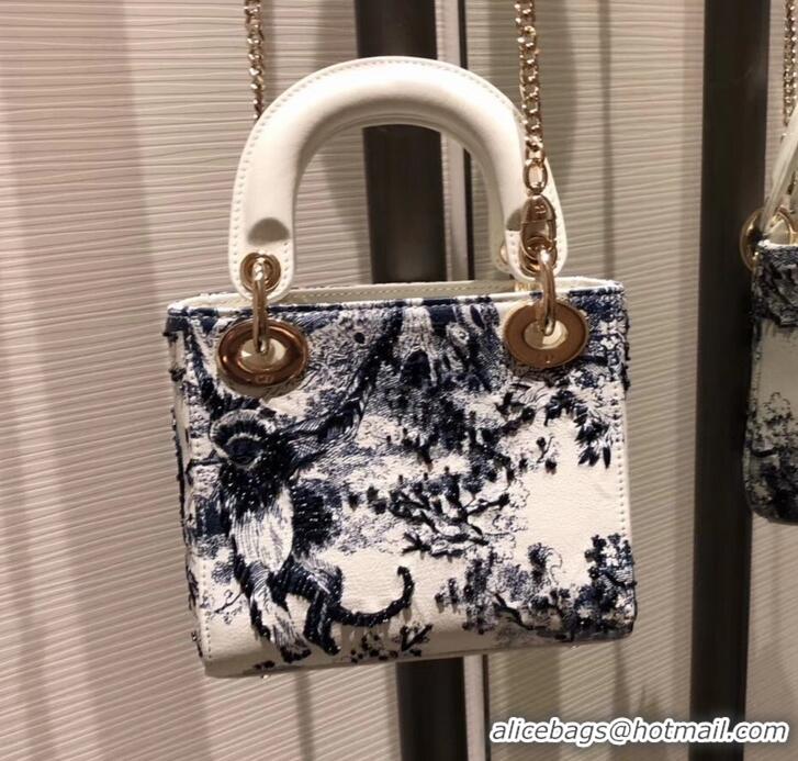 Grade Quality Lady Dior Mini Bag in Cannage with Chain Toile de Jouy motif Embroidered 510046 White/Blue 2019