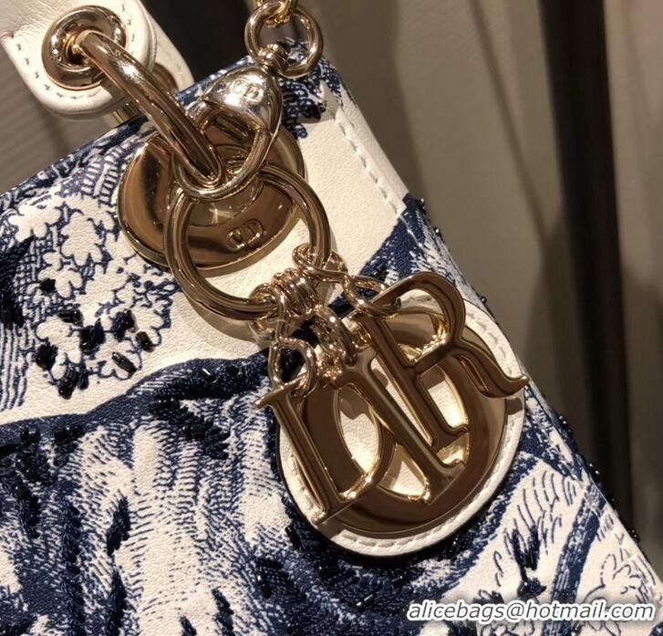 Grade Quality Lady Dior Mini Bag in Cannage with Chain Toile de Jouy motif Embroidered 510046 White/Blue 2019