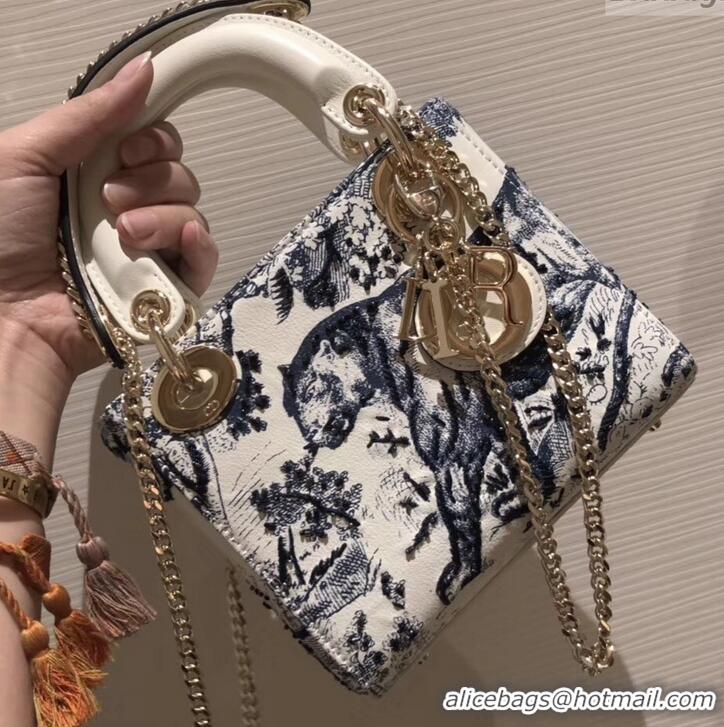 Grade Quality Lady Dior Mini Bag in Cannage with Chain Toile de Jouy motif Embroidered 510046 White/Blue 2019