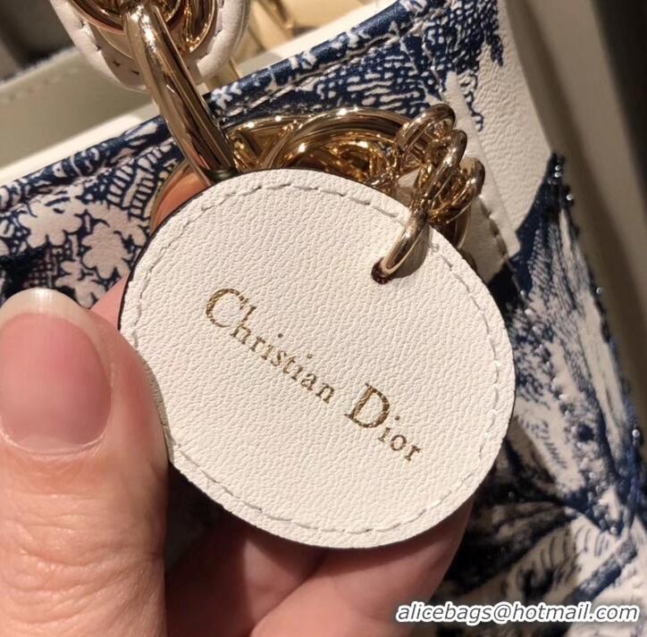 Grade Quality Lady Dior Mini Bag in Cannage with Chain Toile de Jouy motif Embroidered 510046 White/Blue 2019