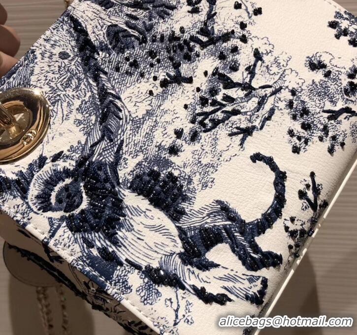 Grade Quality Lady Dior Mini Bag in Cannage with Chain Toile de Jouy motif Embroidered 510046 White/Blue 2019