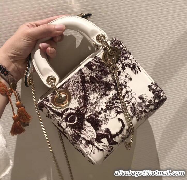 Discount Lady Dior Mini Bag in Cannage with Chain Toile de Jouy motif Embroidered 510046 White/Red 2019