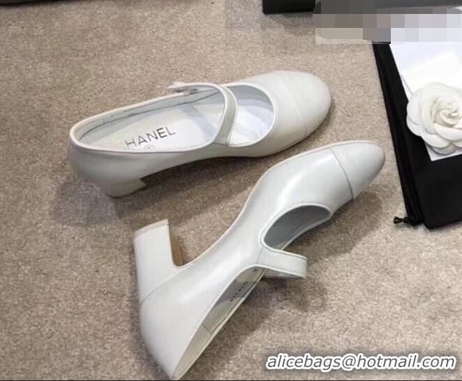 Unique Grade Chanel Heel 6.5cm Calfskin Mary Janes Pumps G34429 White 2019