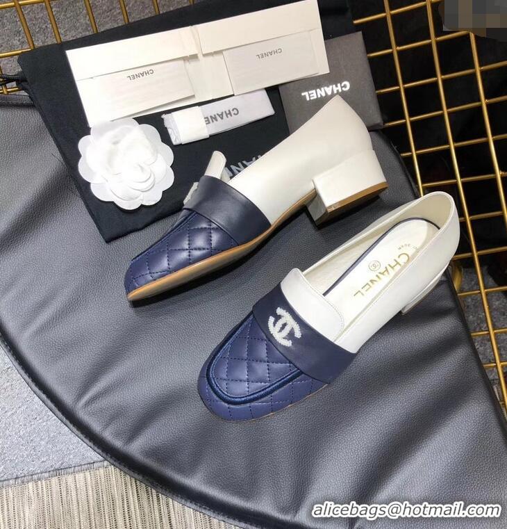 Low Cost CHANEL 3CM HEEL LAMBSKIN LOAFERS G34345 BLUE/WHITE 2019