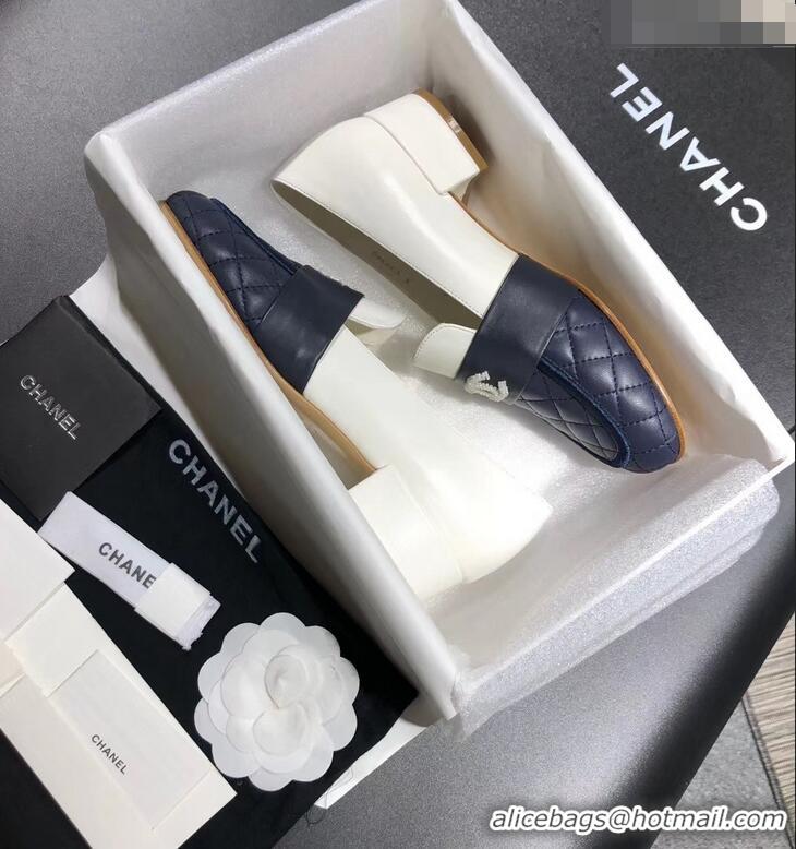 Low Cost CHANEL 3CM HEEL LAMBSKIN LOAFERS G34345 BLUE/WHITE 2019