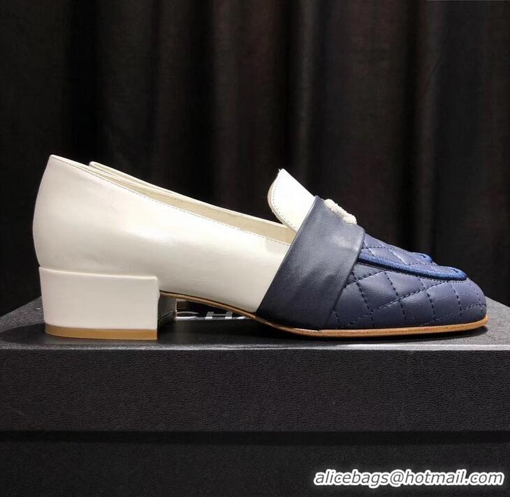 Low Cost CHANEL 3CM HEEL LAMBSKIN LOAFERS G34345 BLUE/WHITE 2019