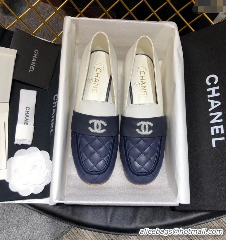 Low Cost CHANEL 3CM HEEL LAMBSKIN LOAFERS G34345 BLUE/WHITE 2019