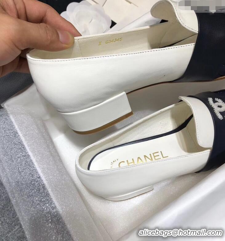 Low Cost CHANEL 3CM HEEL LAMBSKIN LOAFERS G34345 BLUE/WHITE 2019