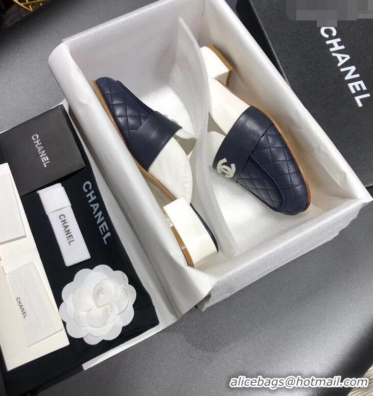 Good Quality CHANEL 3CM HEEL LAMBSKIN SANDALS G34569 BLUE/WHITE 2019