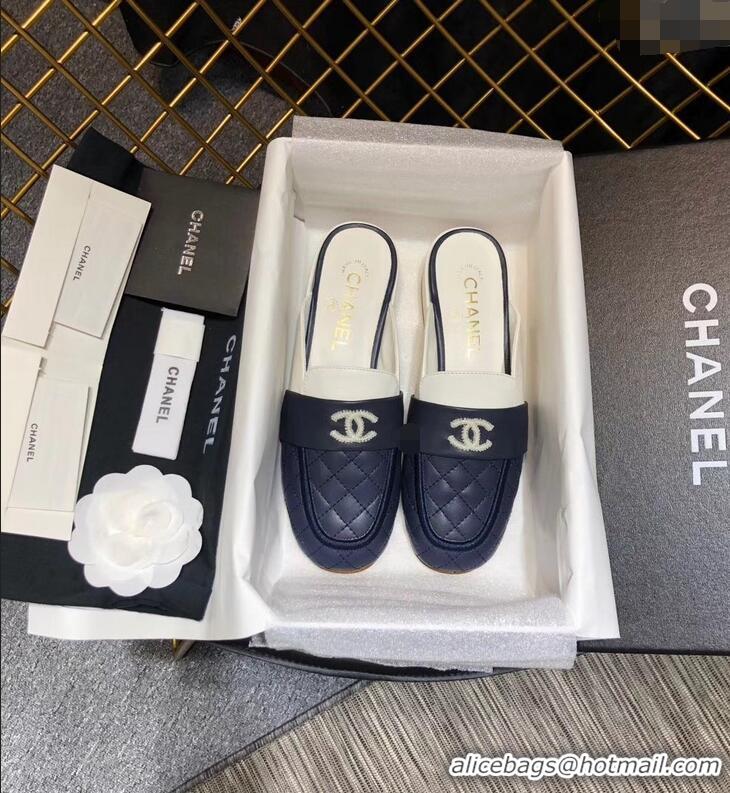 Good Quality CHANEL 3CM HEEL LAMBSKIN SANDALS G34569 BLUE/WHITE 2019