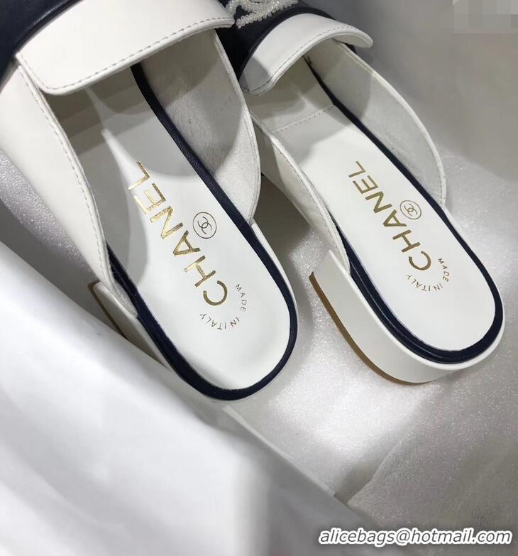 Good Quality CHANEL 3CM HEEL LAMBSKIN SANDALS G34569 BLUE/WHITE 2019