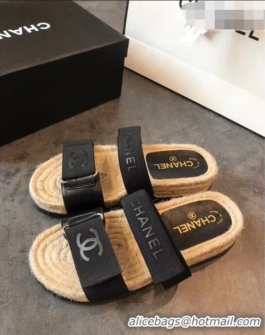 Buy Discount Chanel Logo Magic Loop Mules Slipper Sandals Espadrilles G95301 Black 2019