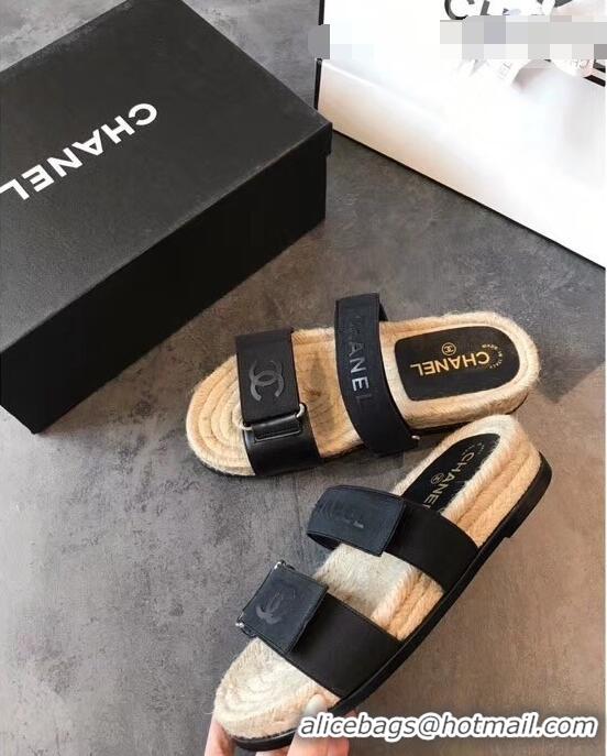 Buy Discount Chanel Logo Magic Loop Mules Slipper Sandals Espadrilles G95301 Black 2019