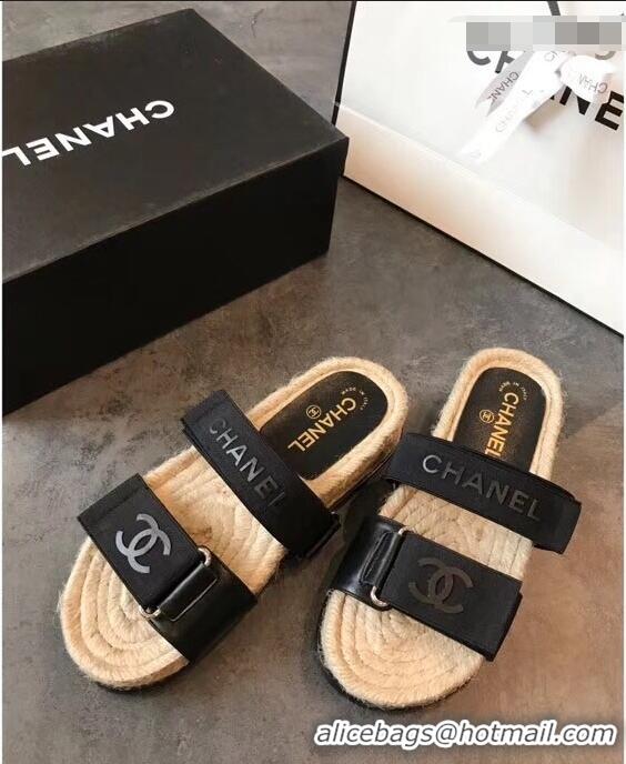 Buy Discount Chanel Logo Magic Loop Mules Slipper Sandals Espadrilles G95301 Black 2019