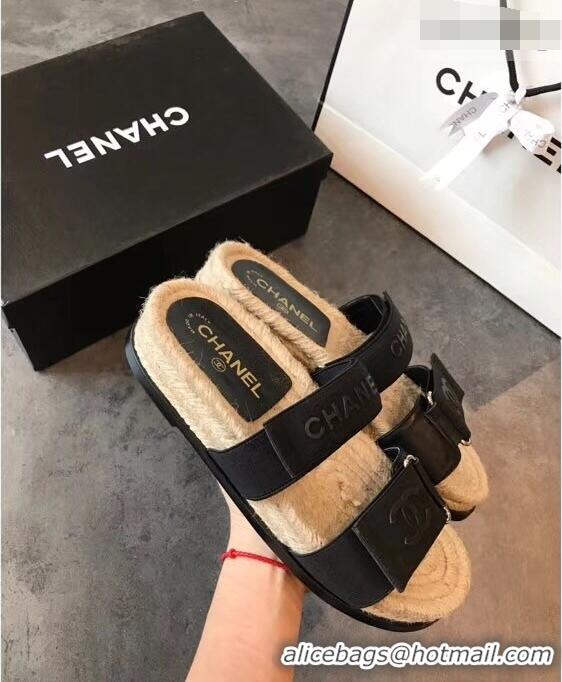 Buy Discount Chanel Logo Magic Loop Mules Slipper Sandals Espadrilles G95301 Black 2019