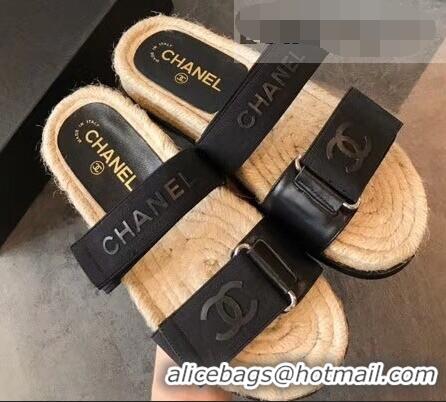 Buy Discount Chanel Logo Magic Loop Mules Slipper Sandals Espadrilles G95301 Black 2019