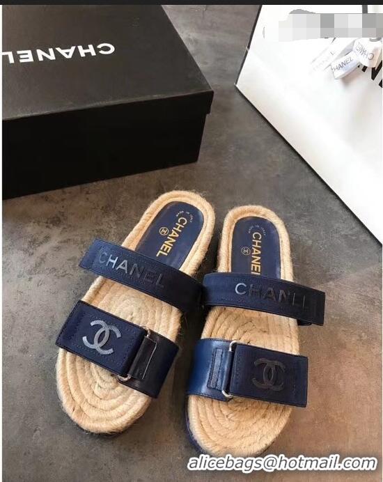 Buy Promotion Chanel Logo Magic Loop Mules Slipper Sandals Espadrilles G95301 Blue 2019