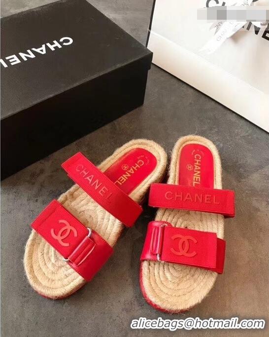 Low Price Chanel Logo Magic Loop Mules Slipper Sandals Espadrilles G95301 Red 2019