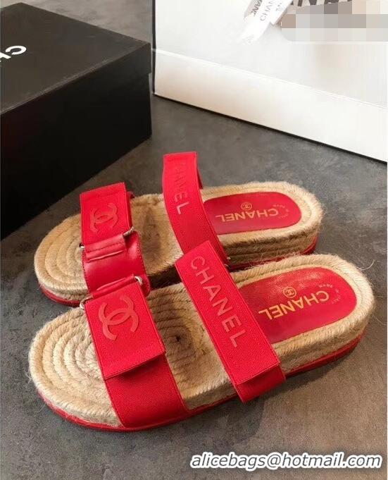 Low Price Chanel Logo Magic Loop Mules Slipper Sandals Espadrilles G95301 Red 2019