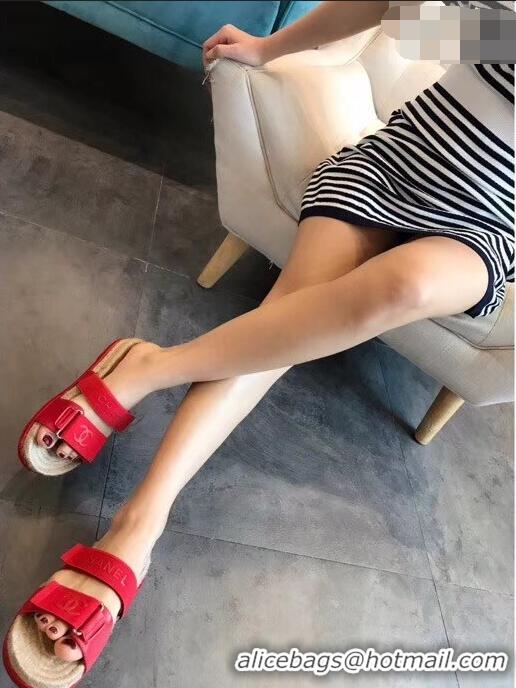 Low Price Chanel Logo Magic Loop Mules Slipper Sandals Espadrilles G95301 Red 2019