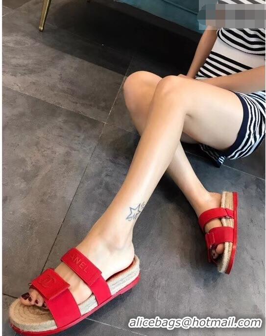 Low Price Chanel Logo Magic Loop Mules Slipper Sandals Espadrilles G95301 Red 2019