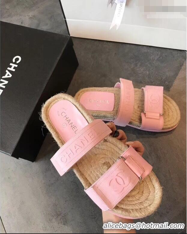 Low Cost Chanel Logo Magic Loop Mules Slipper Sandals Espadrilles G95301 Pink 2019