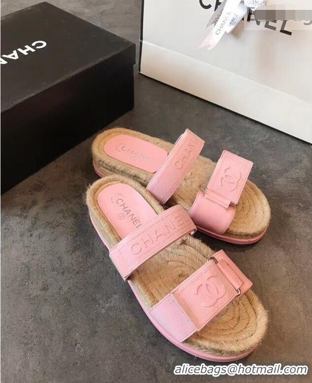 Low Cost Chanel Logo Magic Loop Mules Slipper Sandals Espadrilles G95301 Pink 2019