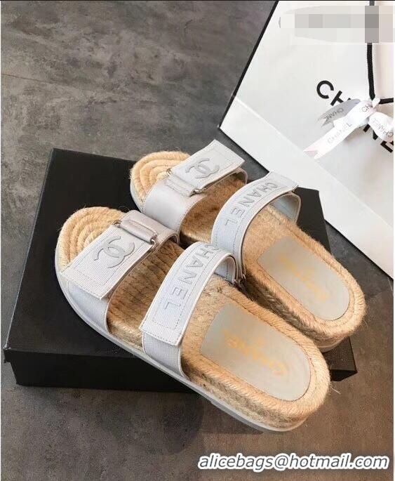 Promotional Chanel Logo Magic Loop Mules Slipper Sandals Espadrilles G95301 Light Gray 2019