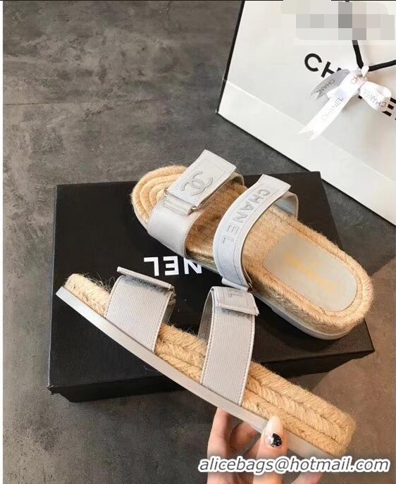 Promotional Chanel Logo Magic Loop Mules Slipper Sandals Espadrilles G95301 Light Gray 2019