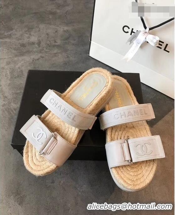 Promotional Chanel Logo Magic Loop Mules Slipper Sandals Espadrilles G95301 Light Gray 2019