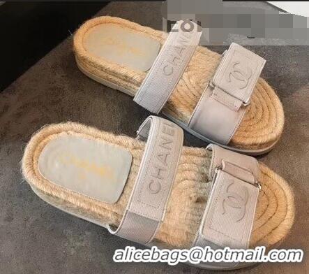 Promotional Chanel Logo Magic Loop Mules Slipper Sandals Espadrilles G95301 Light Gray 2019