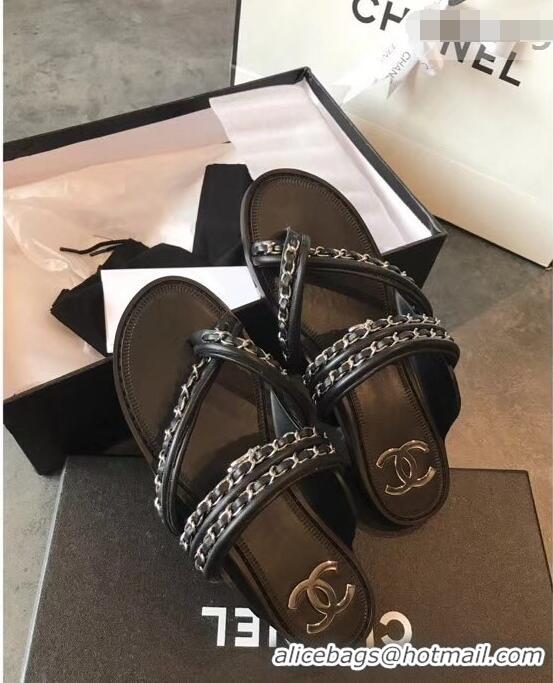 Free Shipping Chanel CC Logo Chain Thong Sandals G951307 Black 2019