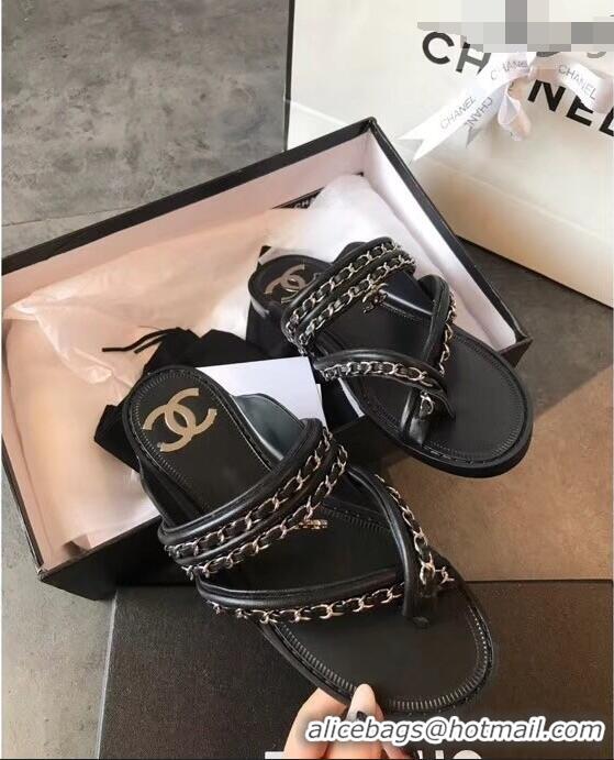 Free Shipping Chanel CC Logo Chain Thong Sandals G951307 Black 2019