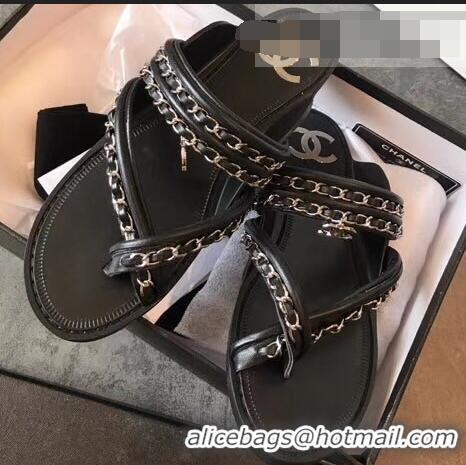 Free Shipping Chanel CC Logo Chain Thong Sandals G951307 Black 2019