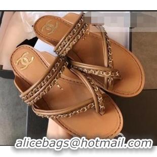 Inexpensive Chanel CC Logo Chain Thong Sandals G951307 Brown 2019